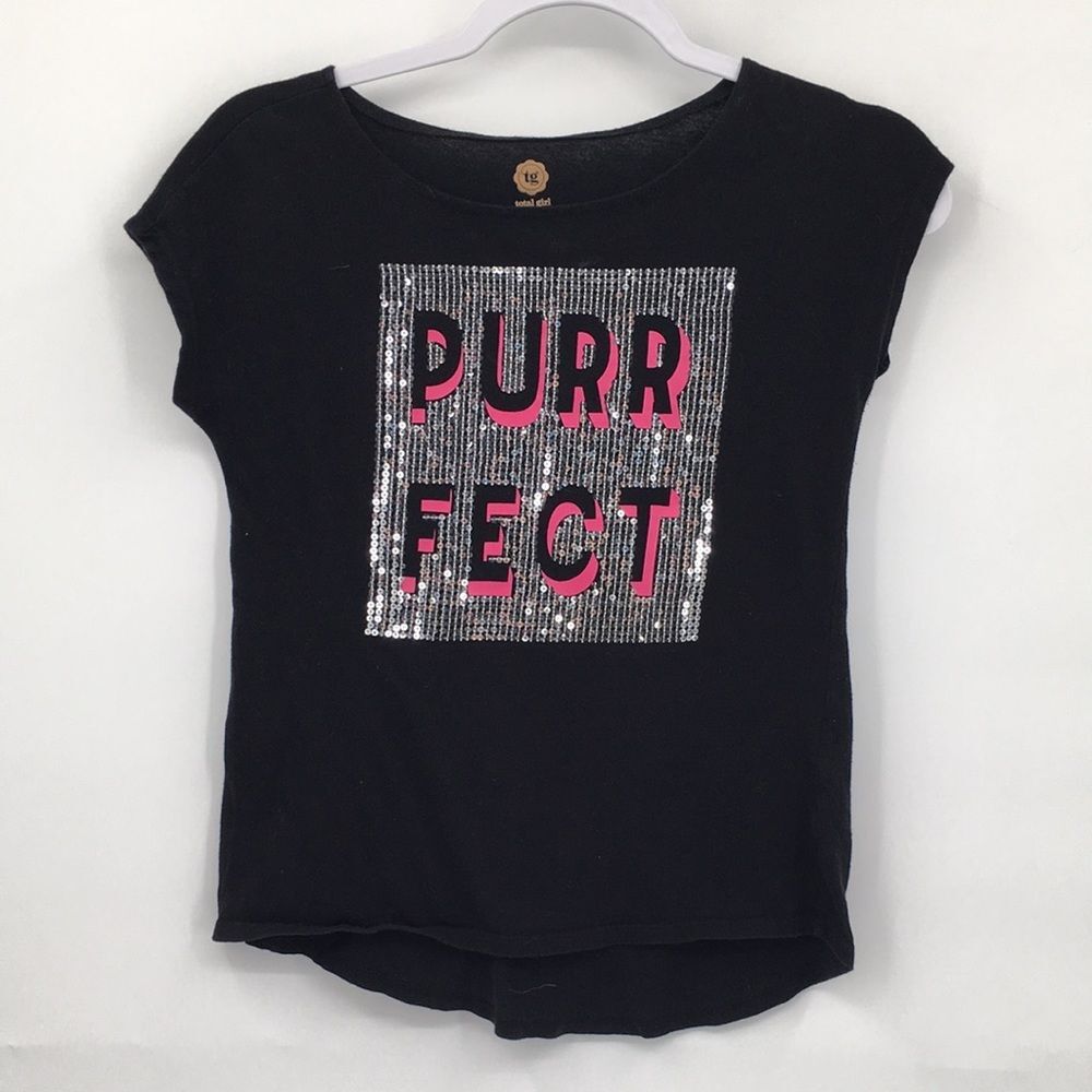 Kids Black Sequin Graphic Tee with Pink 'Purrfect' Text girls L 14
